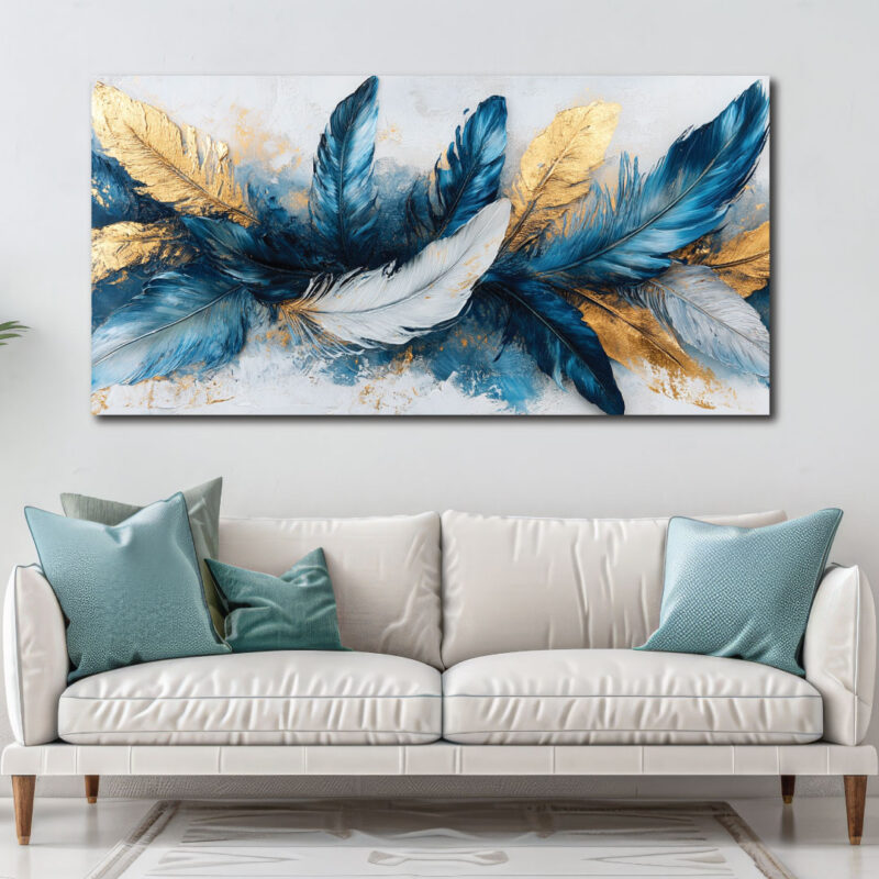 - A symphony of blues and golds, these feathers dance across the wall, bringing a touch of regal elegance to the room.