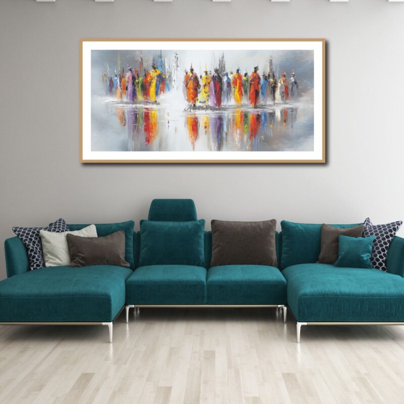 A canvas of a colorful crowd.