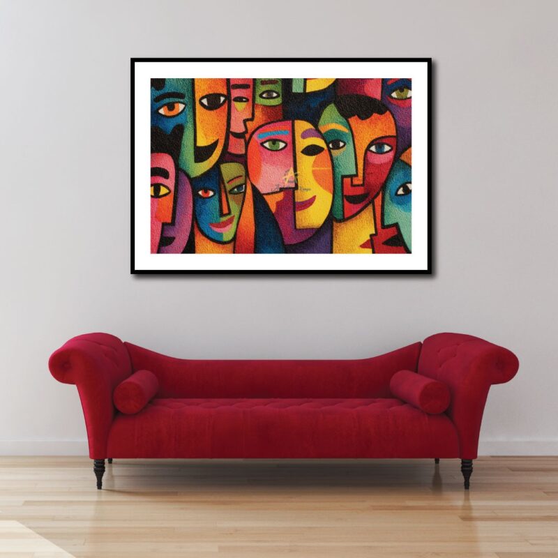 Colors, eyes and faces on canvas.