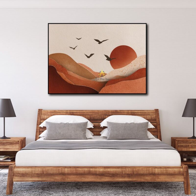 A desert with flying birds.