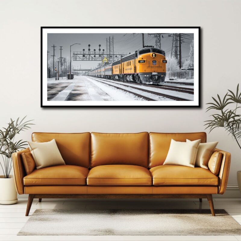 A vintage train in motion on canvas.