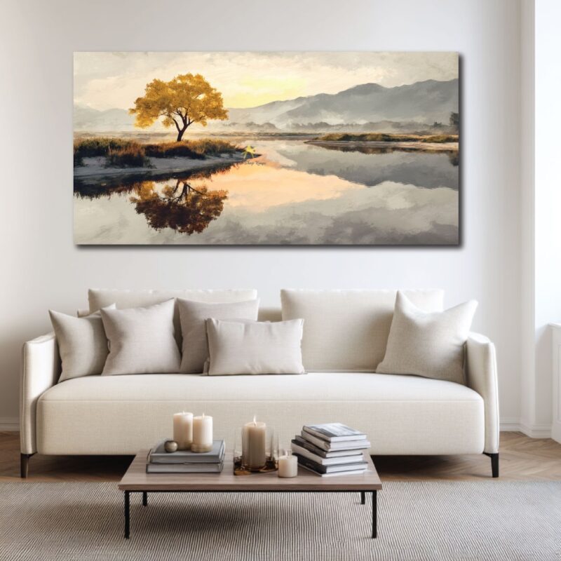 A lone tree with a reflection on canvas.