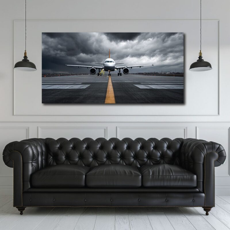 Plane takeoff on printed canvas.