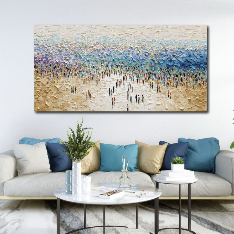 A canvas abstract of a crowd on a beach