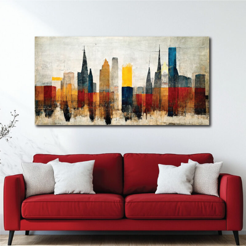 Colorful city skyline canvas.